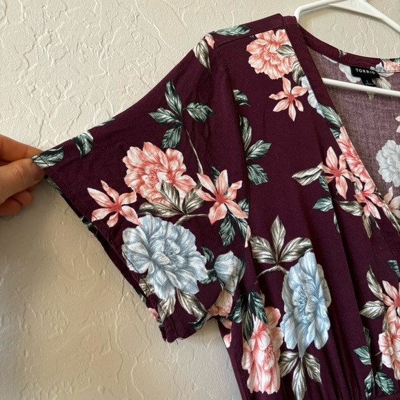 Torrid Burgundy and Pink Floral Challis Midi Shirt Dress Size 1 - Picture 7 of 11